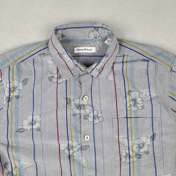 Tommy Bahama Shirt Men's Large Gray Striped Hawaiian Silk Cotton Button Down - Picture 3 of 12
